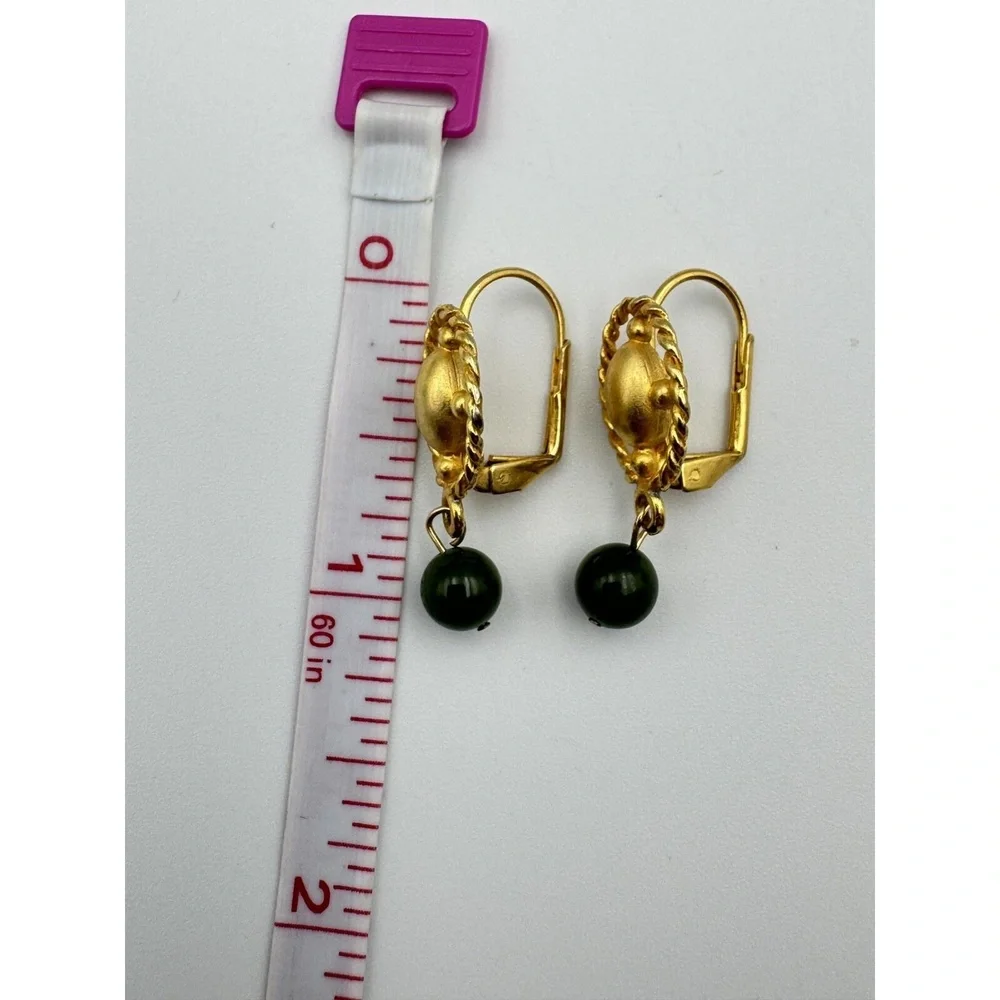 Matte Gold Tone Oval Rope Jadeite‎ Ball Dangle Leverback Earrings